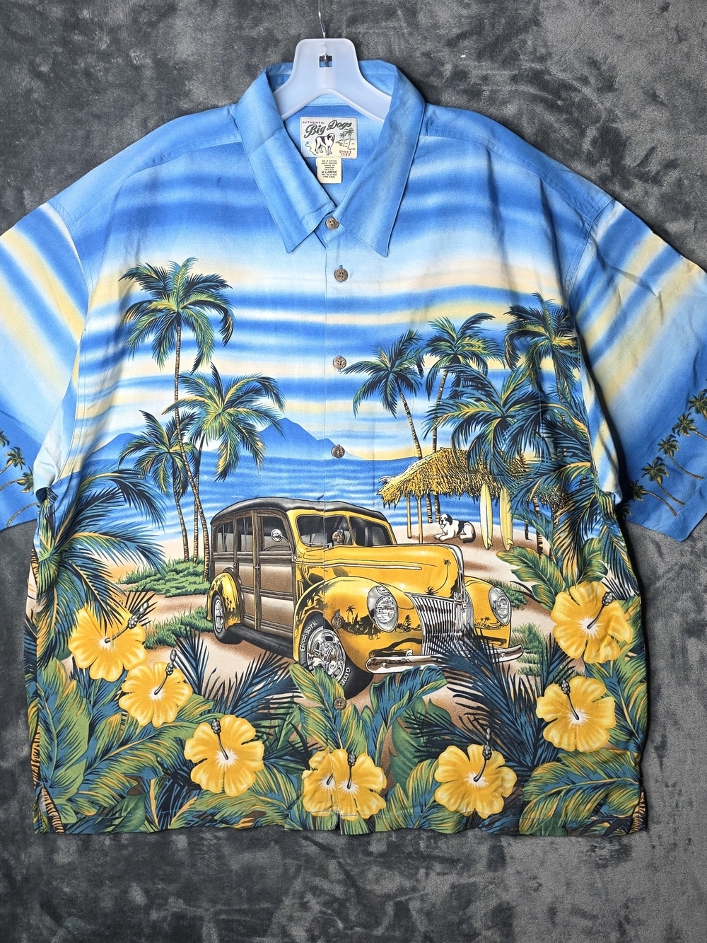 Big Dogs Blue and Yellow Tropical Vintage Car Hawaiian Shirt